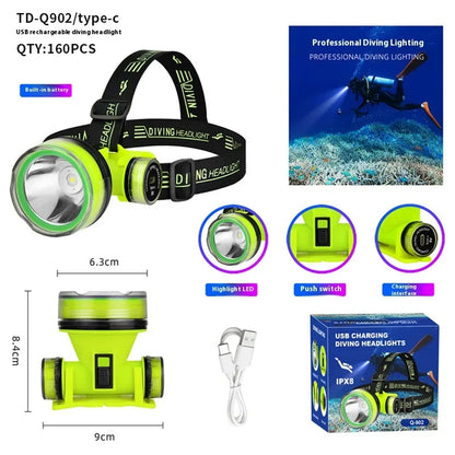 Portable Rechargeable Diving Headlight 350m Underwater Lighting Flashlight Super Bright LED Diver Spearfishing Headlamp
