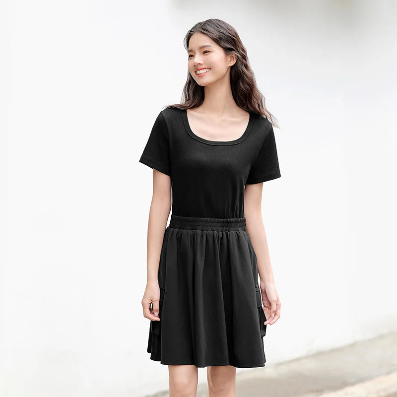Semir Dress Women Faux Two-Piece Design Versatile 2024 Summer New Square Collar Slim Fit Short Skirt Suitable For Petite