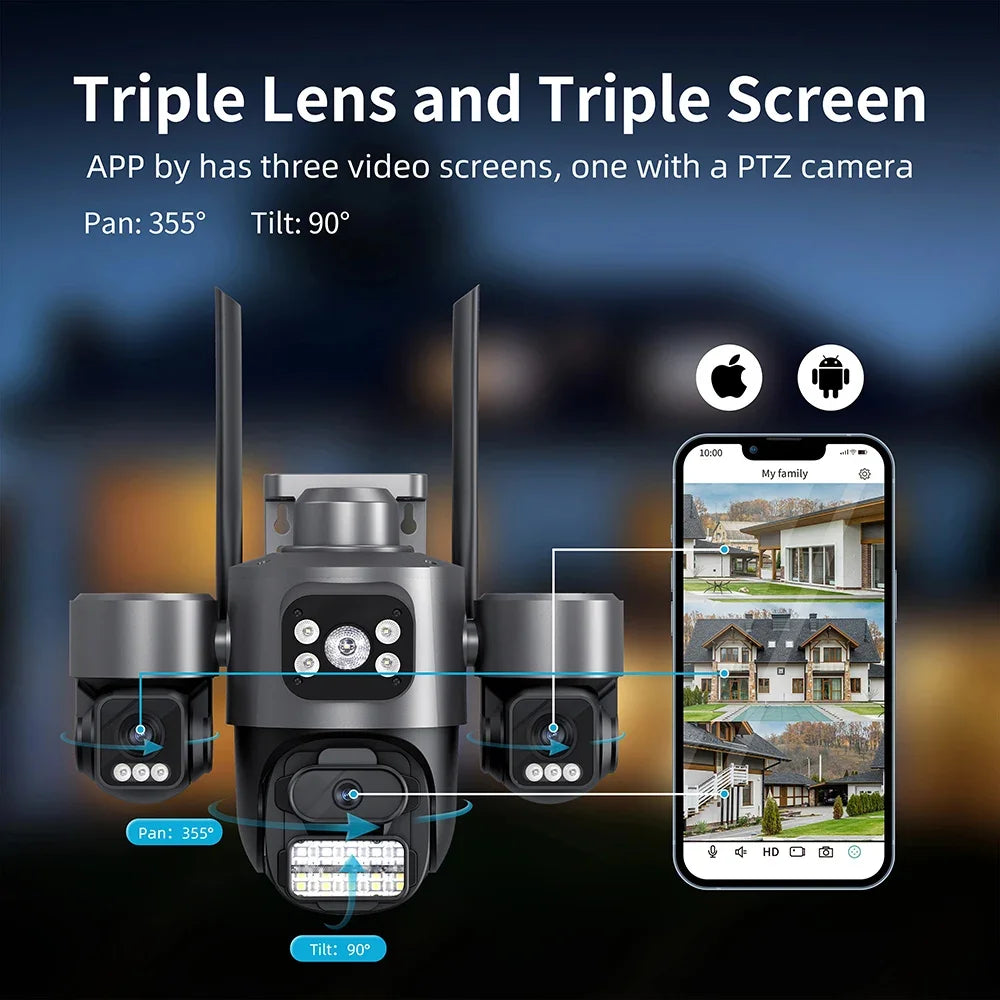 15MP ICSEE Protocol Security Camera 3-HD Screens Auto Tracking Color Night Vision 2-Way Audio Outdoor WiFi CCTV Cam