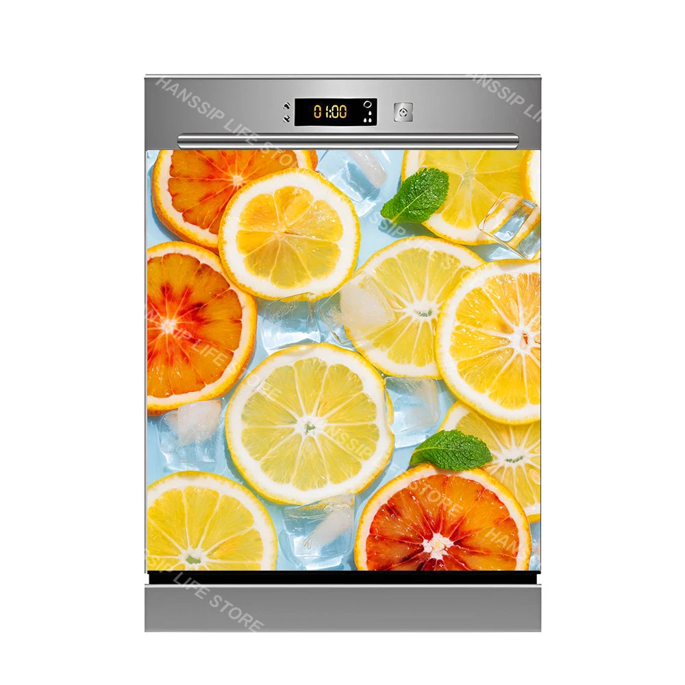 Water Splash Delicious Fruit Printed Dishwasher Sticker Wallpaper Kitchen Waterproof Dishwashing Cabinet Cover Decal Poster