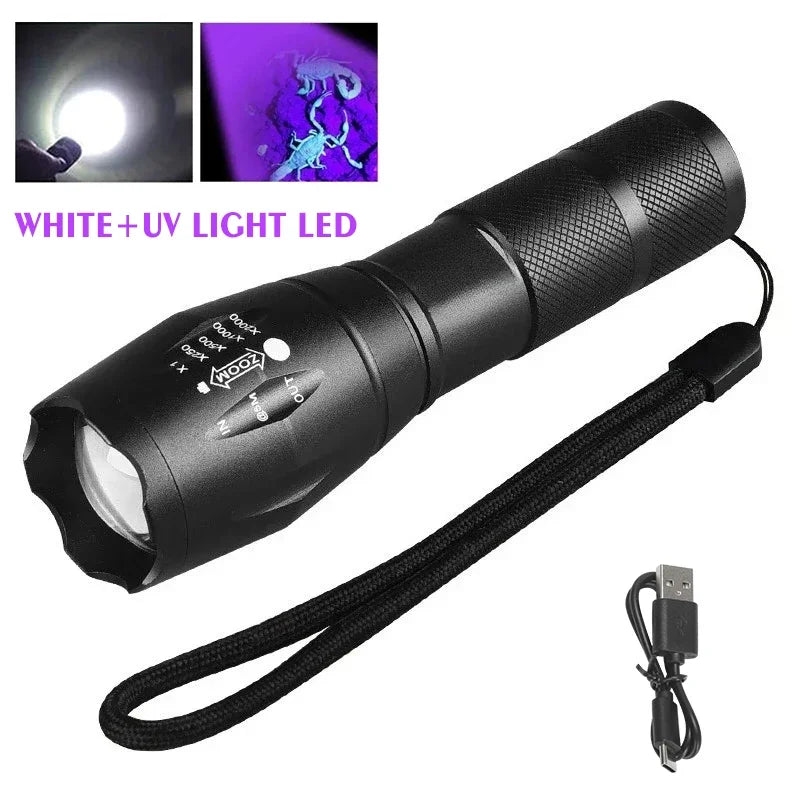 395nm LED UV Flashlight Rechargeable Zoomable Torch Light for Pet Urine Stain Detector Tools Lantern Money Fluorescer Detector