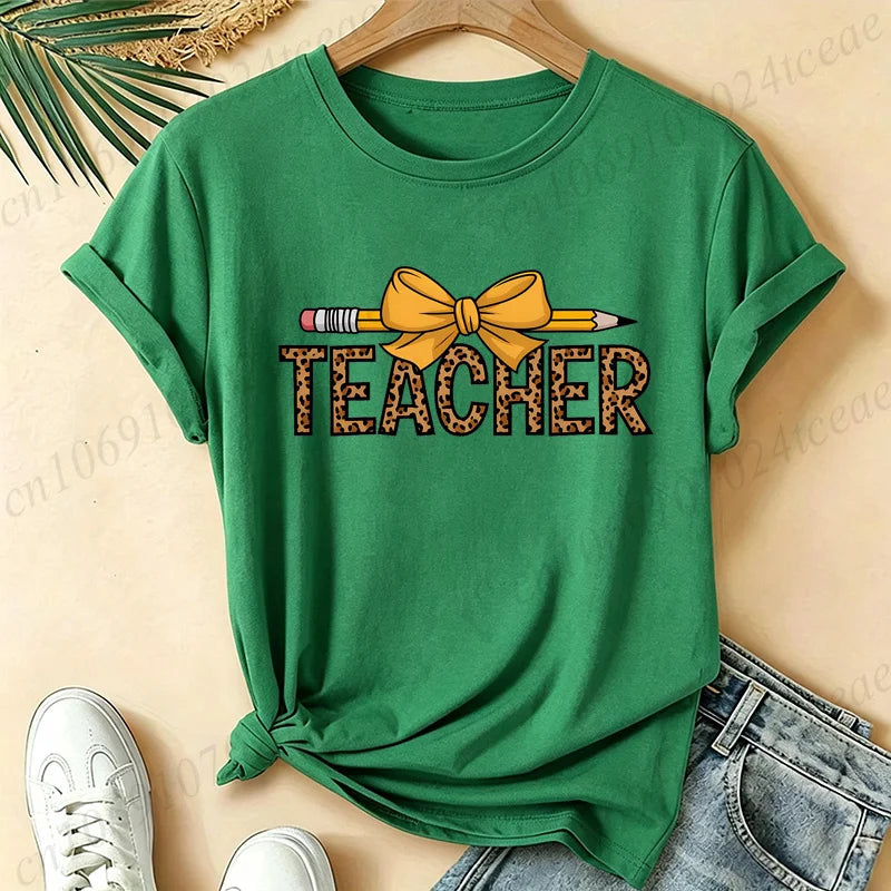 Leopard Teacher Pencil Bow Graphic T Shirt Women Teacher Appreciation Gift Casual Tops Short Sleeve Women's T-Shirts Clothing