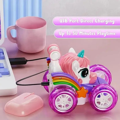 Unicorn Remote Control Car for Girls, 360° Rotating 4WD Stunt RC Cars with Cute Lights, Rechargeable Toys-Kid for Birthday Gifts