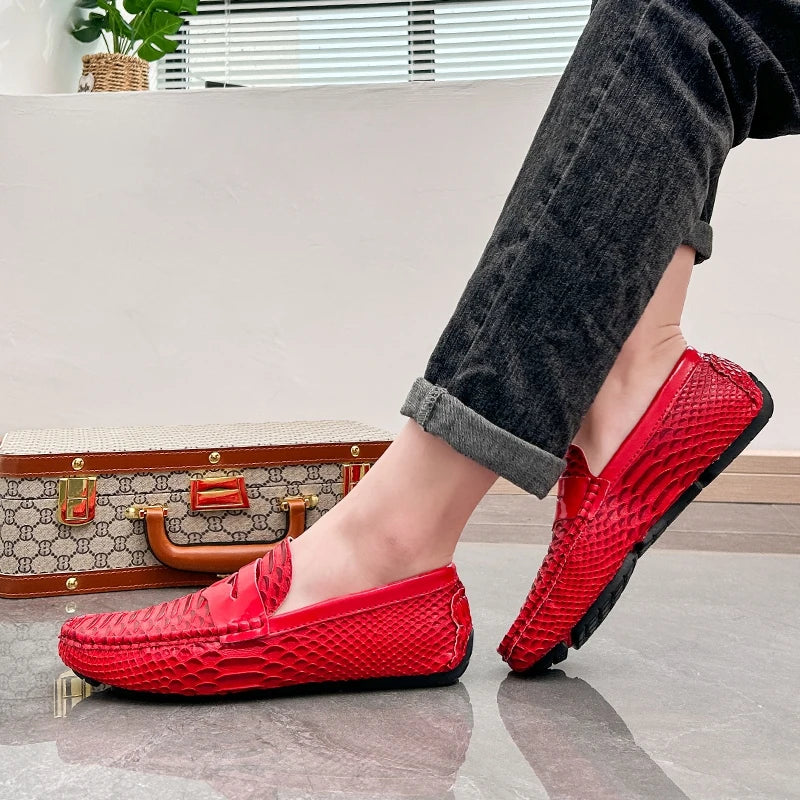 Men White Snake Pattern Loafers Penny Slip On Driving Shoes Casual Business Moccasins Breathable Male Footwear