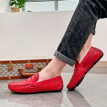 Men White Snake Pattern Loafers Penny Slip On Driving Shoes Casual Business Moccasins Breathable Male Footwear