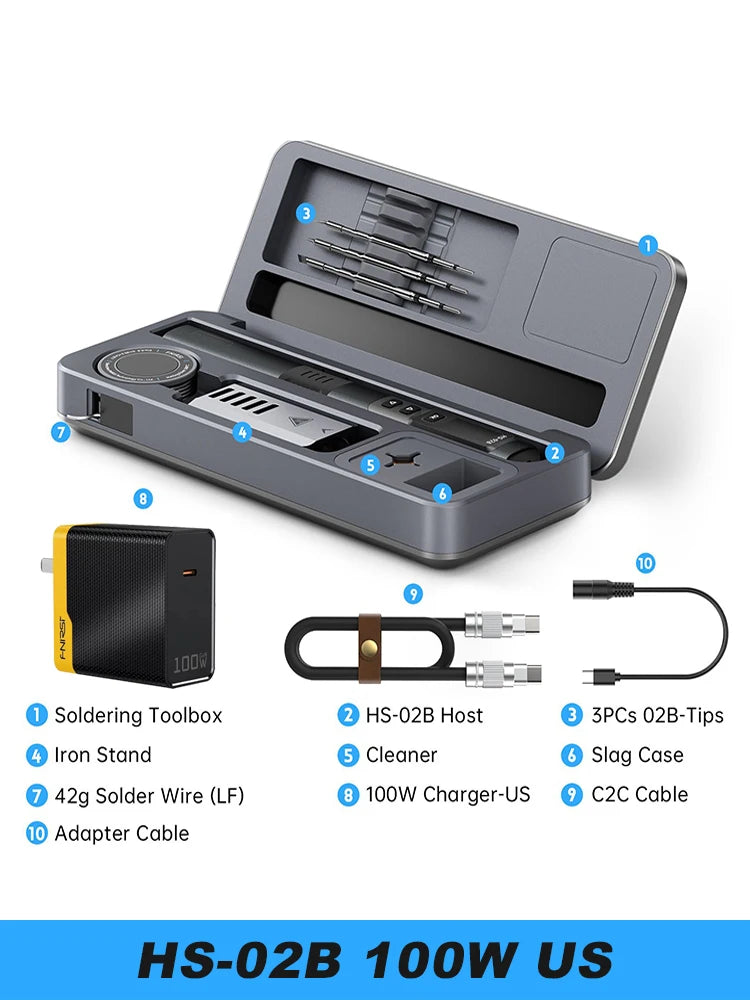 FNIRSI HS-02 Electric Soldering Iron PD100W Power Adjustable 100-450 ℃ Temperature Rapid Heating Repair Portable Toolbox Kit