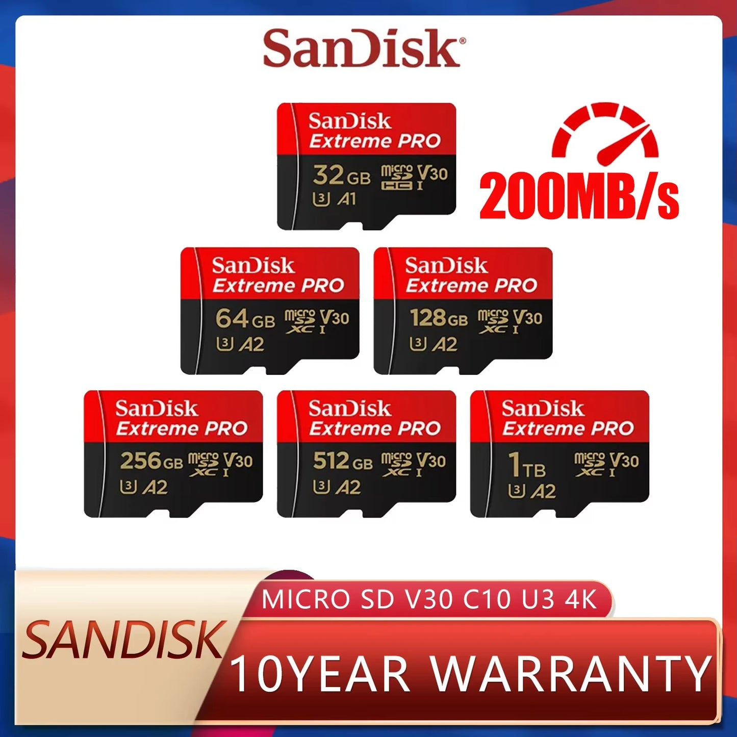 SanDisk High Speed TF Memory Card, A2 U3 V30 C10 100MB/s Portable Micro SD Card, with capacities ranging from 32GB to 512GB