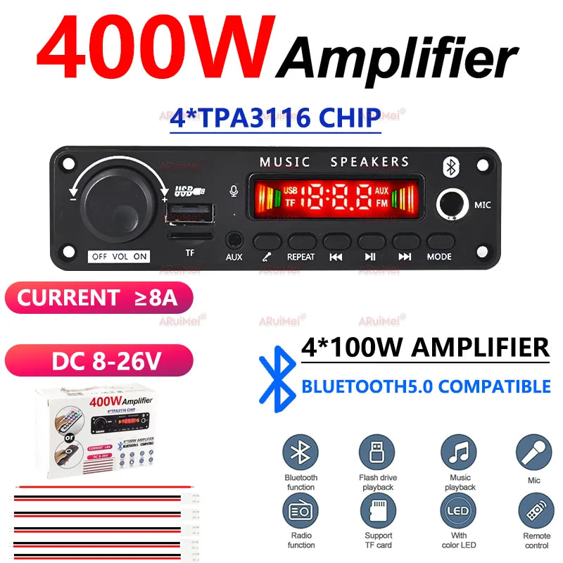 400W Amplifier Bluetooth MP3 WMA APE Decoder Board DC8-26V  Handsfree Car Audio Microphone USB TF FM Radio DIY Mp3 Music Player