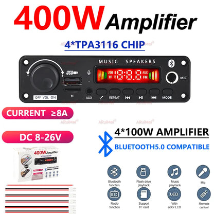 400W Amplifier Bluetooth MP3 WMA APE Decoder Board DC8-26V  Handsfree Car Audio Microphone USB TF FM Radio DIY Mp3 Music Player