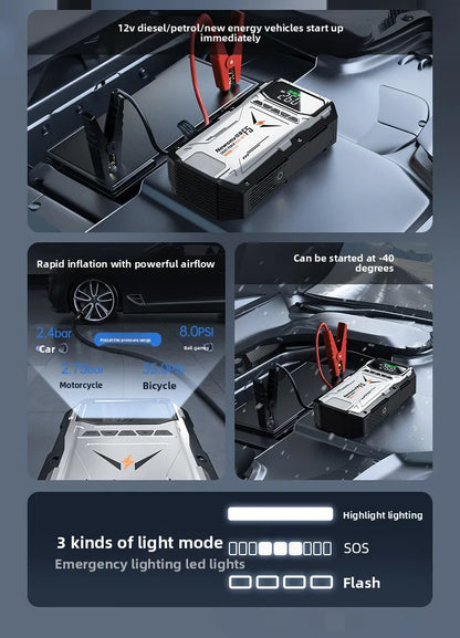 Multifunctional 2-in-1 Car Jump Starter with Air Compressor Portable Battery Booster Pack Lithium Battery Emergency Power Kit