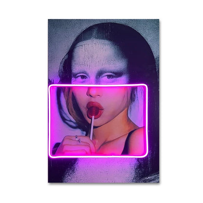Mona Lisa with Lollipops Neon Pop Art Canvas Print Posters Canvas Painting Abstract Portrait Fashion Wall Art Picture Home Decor