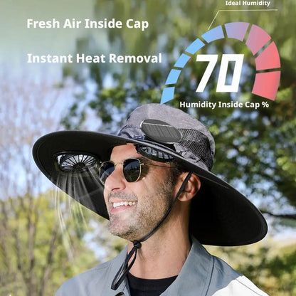 New Multi-Function Solar Fan Sun Hat - Waterproof Fishing Hat with Built-In USB Charging & Wide Brim for UV/Heat Protection