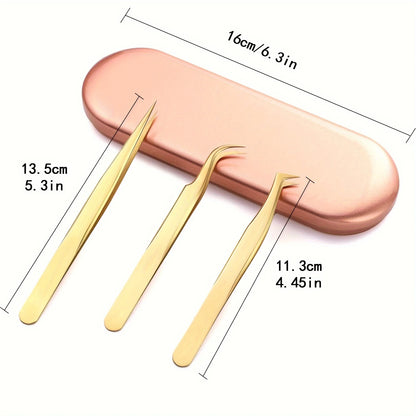 High Precision Eyelashes Tweezers Set - Includes 3 Stainless Steel Eyelash Tweezers for Makeup Classic Individual and Lash Exten