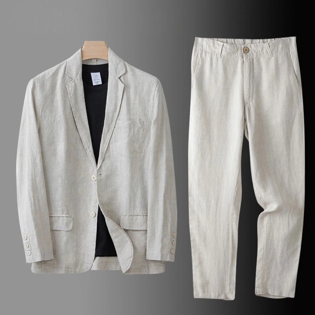High Quality Men Blazer Jacket and Pants Man Linen Blazer  2 Piece Suit Spring Summer Thin Style Fashion Casual Set Long Sleeve