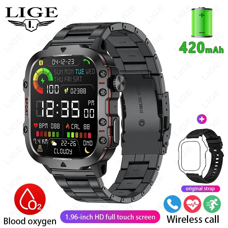 LIGE Outdoor Men's Sports Smart Watch 2.01 inch HD Screen Fitness Monitor Bluetooth Call Smartwatch For Men Women Holiday Gifts