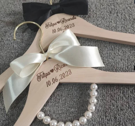 Wood Wedding Hanger, Personalized Bridal Dress Hanger Custom Name Hanger Set for Bride and Groom