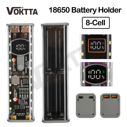 22.5W/45W 18650 Power Bank Case Fast Charging DIY Transparent Battery Storage Box Digital Display USB Type-C Battery Holder