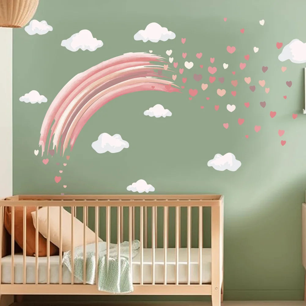 Bohemia style rainbow heart clouds sticker for kids room living room decoration self adhesive pink rainbow wall decal