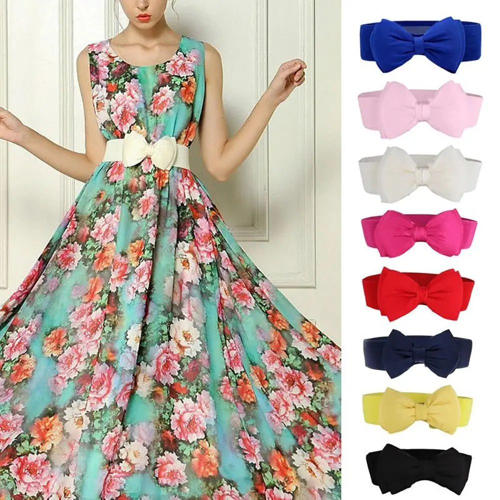 1Pcs New Big Bowknot Waist Belt Elastic Stretch Buckle Bow Waistband Wide Satin Bow Belt for Girls Lady Women