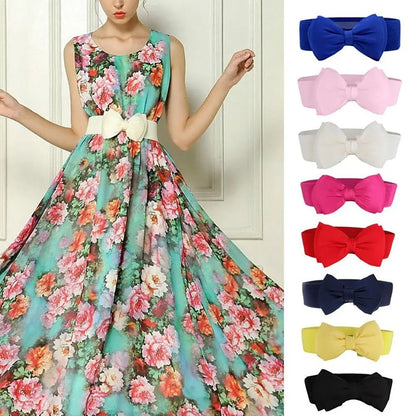 1Pcs New Big Bowknot Waist Belt Elastic Stretch Buckle Bow Waistband Wide Satin Bow Belt for Girls Lady Women