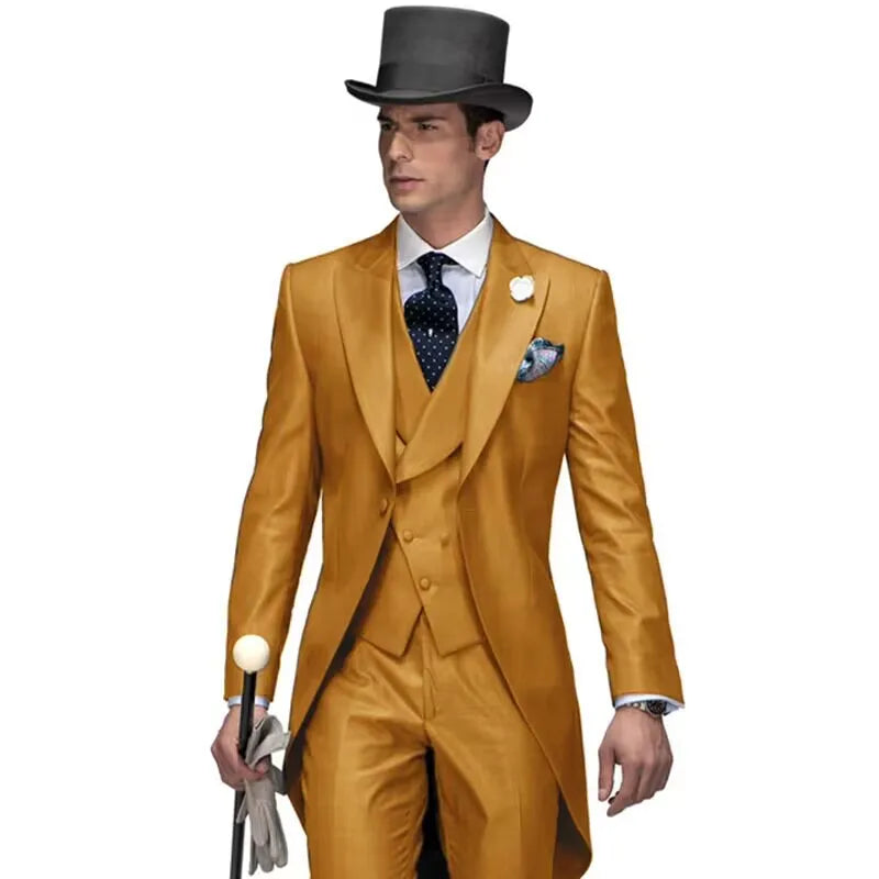 3 Piece Solid Men Suit Wedding Groom Tuxedo Long Blazer Best Man Formal Prom Male Suit Fashion Costume Homme (Jacket+Vest+Pants)