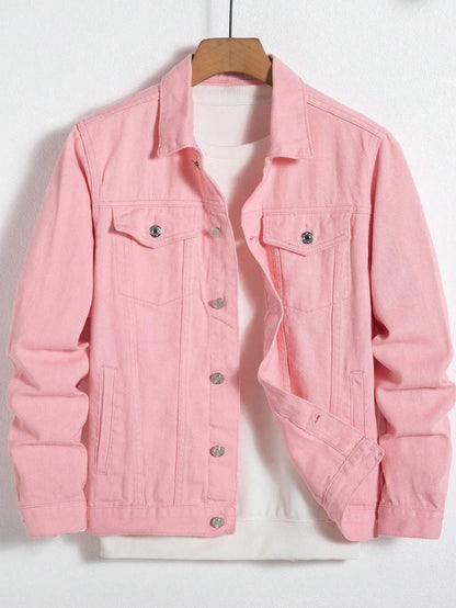 Men's Denim Jacket for Spring and Autumn. Pink Denim Coat. Simple and Versatile. For Daily Leisure.