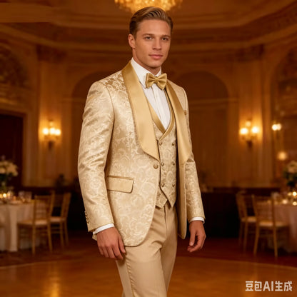 3 Pieces Champagne Jacquard Wedding Tuxedo for Groom Slim Fit Men's Formal Suits with Blazer Vest Pants Set for Prom Party Outfi