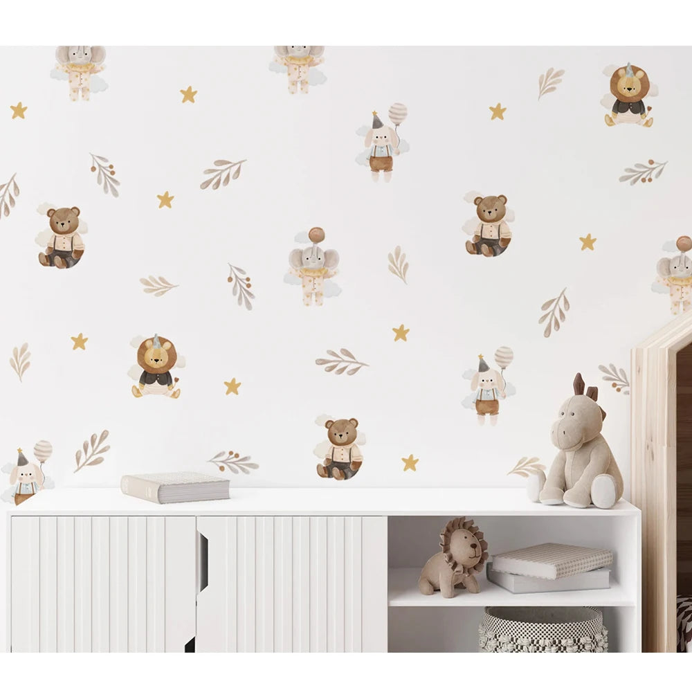 Boho Cute Cartoon Animal Elephant Lion Star Dreamy Wallpaper Stickers For Baby Girl Room Wall Decals Interior Playful Room Decor