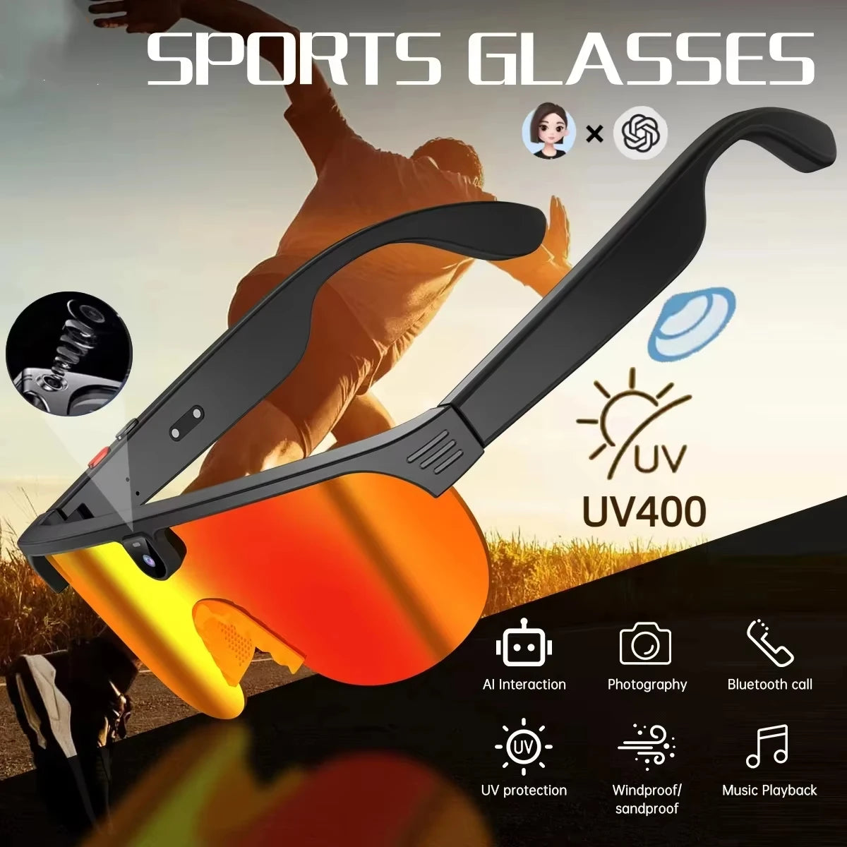 4K Polarized AI Smart Cycling Glasses Men 800W Camera Video Recording Translation Sunglasses Bluetooth Call Music Sports Glasses