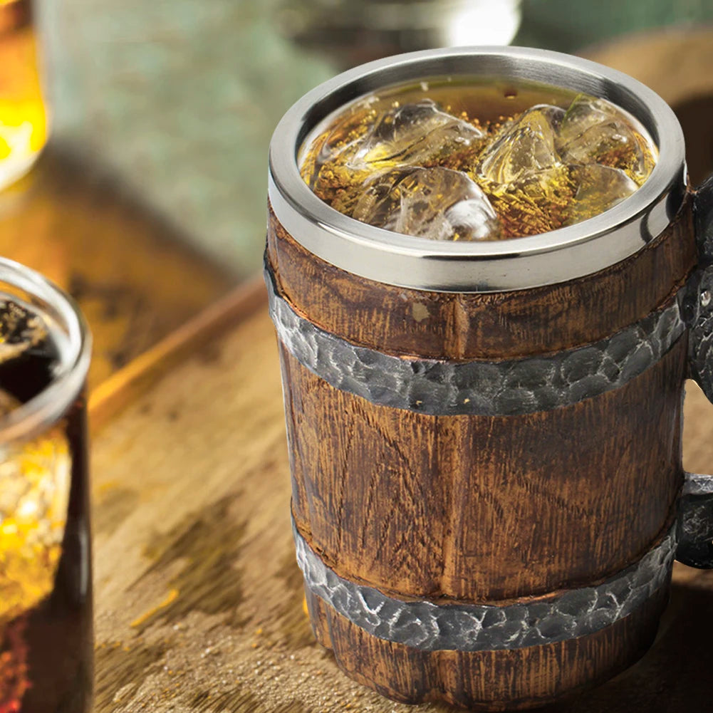 Wooden Barrel Beer Cup Stainless Steel Coffee Mug Viking Style Vintage Beer Mug Double Wall Drinking Cup Halloween Bar Drinkware