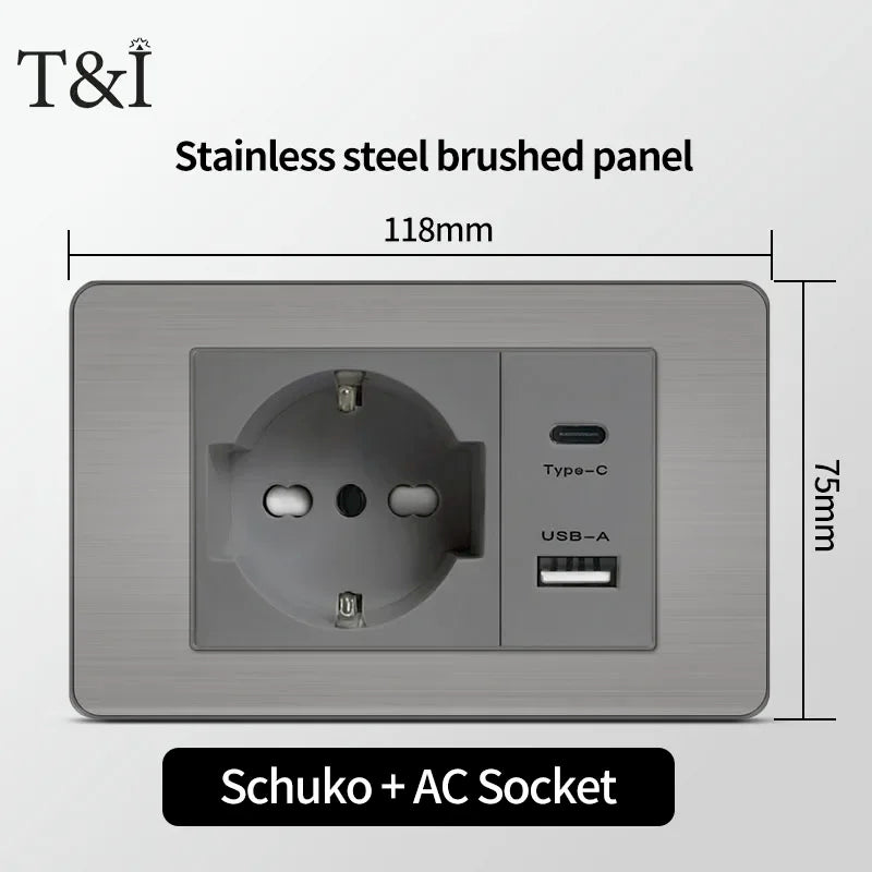 118 US Mexico Grey Stainless Steel Brushed 2way Electrical Light Switch Home Wall Socket Plug Double USB Type-C Power Outlet
