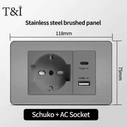 118 US Mexico Grey Stainless Steel Brushed 2way Electrical Light Switch Home Wall Socket Plug Double USB Type-C Power Outlet