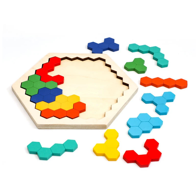 Wooden Hexagon Puzzle for Kid Shape Pattern Block Tangram Brain Teaser Toy Geometry Logic IQ Game Montessori Educational Gift