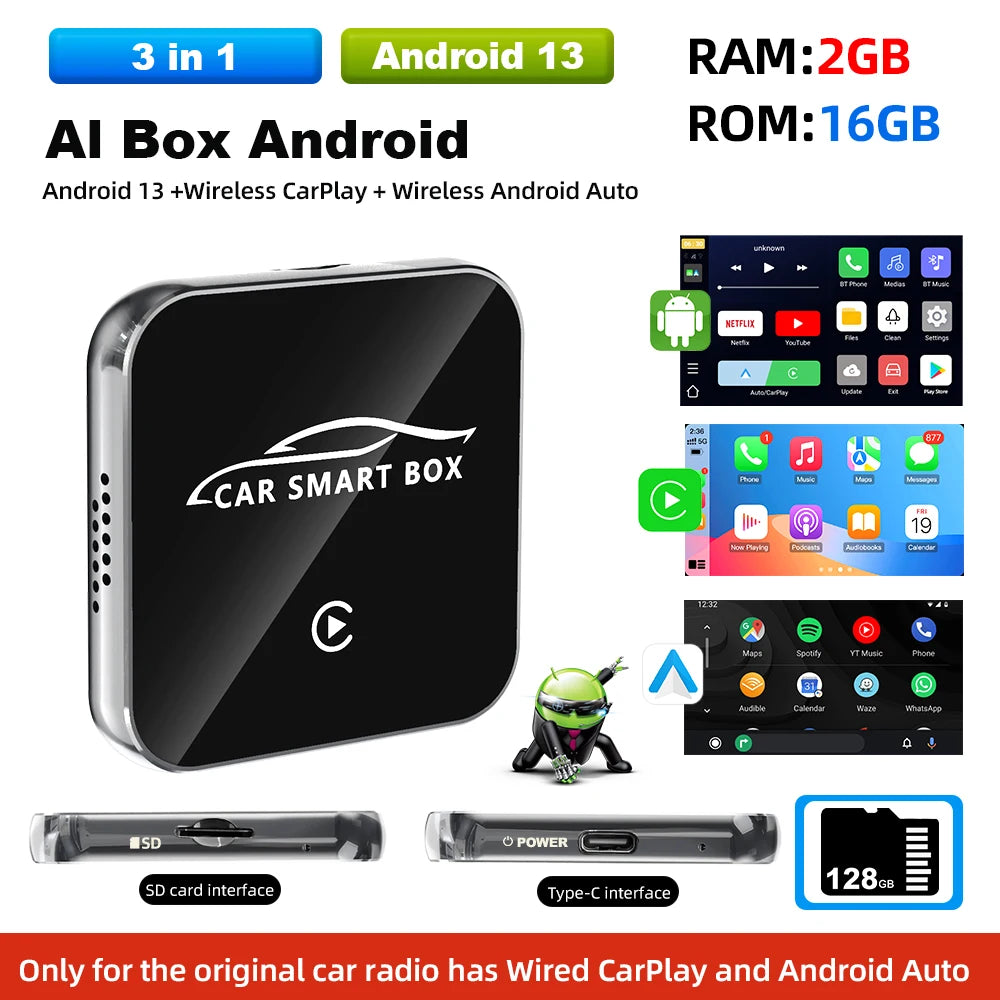 Grandnavi Android 13 3in1 CarPlay Ai Box Wireless Android Auto USB Adapter For Youtube Netflix Tiktok Universal AI Box Plug Play