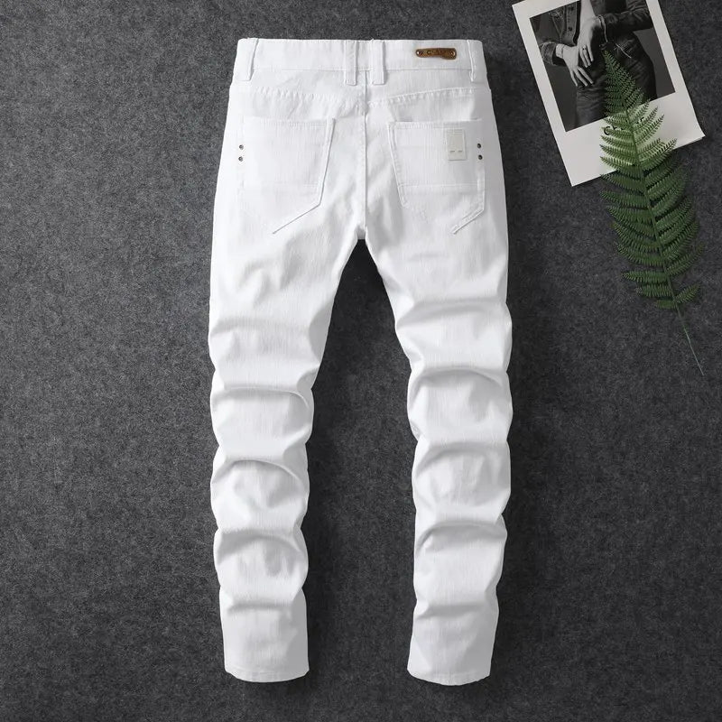 Four season men's fashionable white casual stretch straight leg jeans  comfortable and versatile  tight fitting sports pants