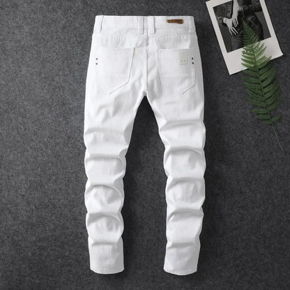 Four season men's fashionable white casual stretch straight leg jeans  comfortable and versatile  tight fitting sports pants