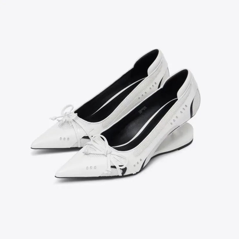 Women's Designer Dress Shoes Special Heel Spliced Heels Pointed Toe High Heels Shallow Mouth Bow Non-Slip Mary Jane Single Shoes