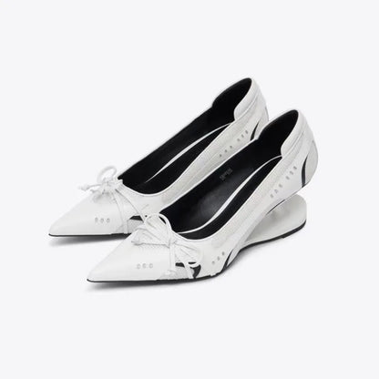 Women's Designer Dress Shoes Special Heel Spliced Heels Pointed Toe High Heels Shallow Mouth Bow Non-Slip Mary Jane Single Shoes