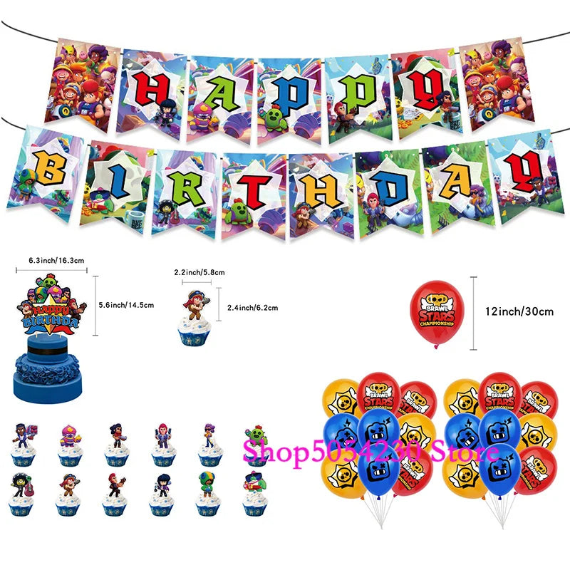 Brawl Stars Happy Birthday Party Supplies Set Cartoon Game Theme Tableware, Paper Plates & Backdrop Decorations for Celebrations