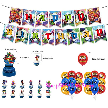 Brawl Stars Happy Birthday Party Supplies Set Cartoon Game Theme Tableware, Paper Plates & Backdrop Decorations for Celebrations