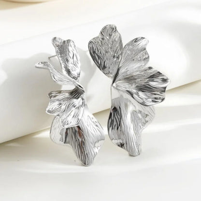 Stainless Steel Golden Double Layered Five Petal Flower Earring for Women Vintage Stripe Flower Dangle Earrings Jewelry Gifts