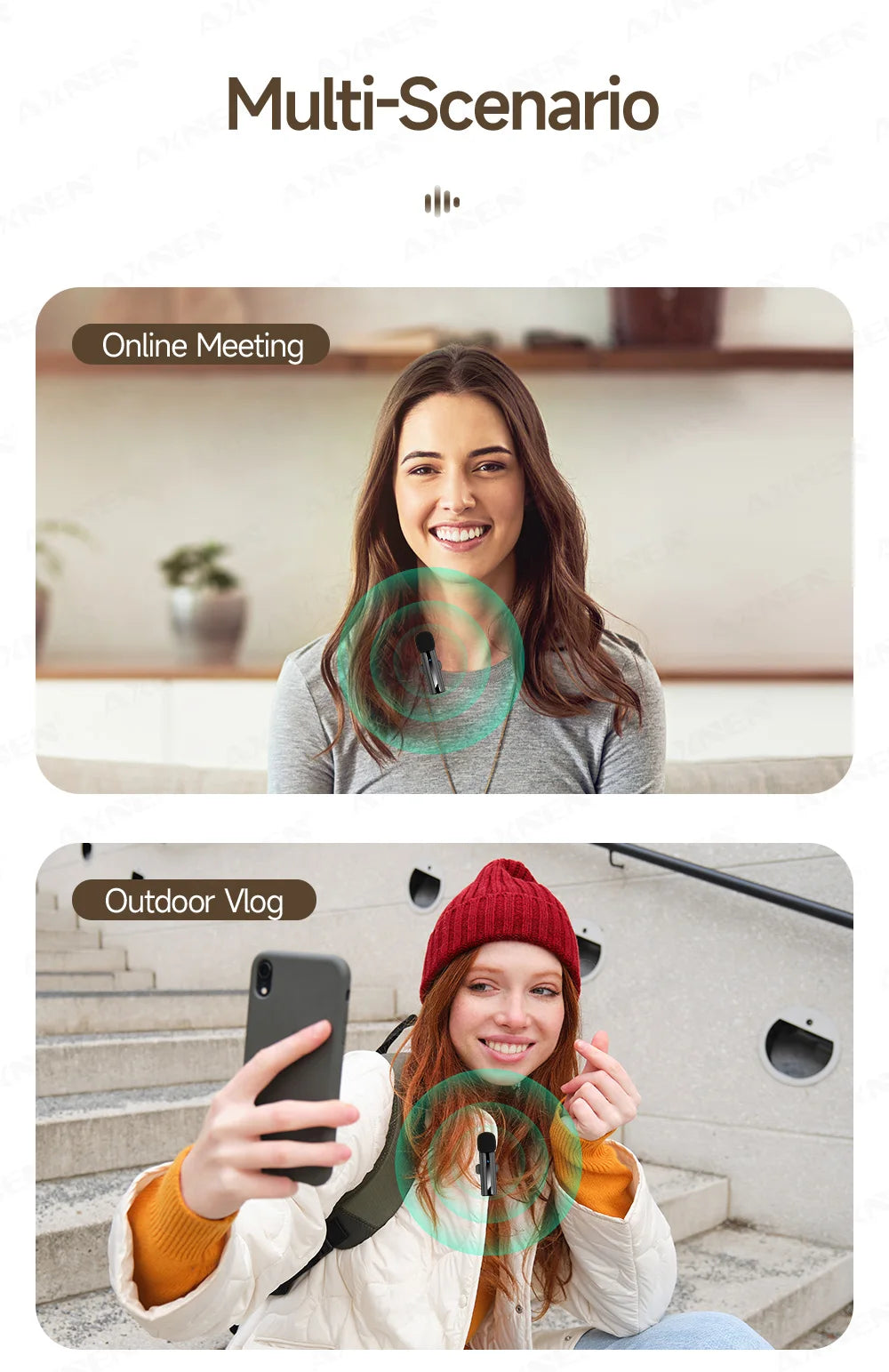 2-in-1 Wireless Lavalier Microphone for iPhone Android, Mini Pro Lapel Mic with Noise Reduction & Pickup for Vlog Live Recording