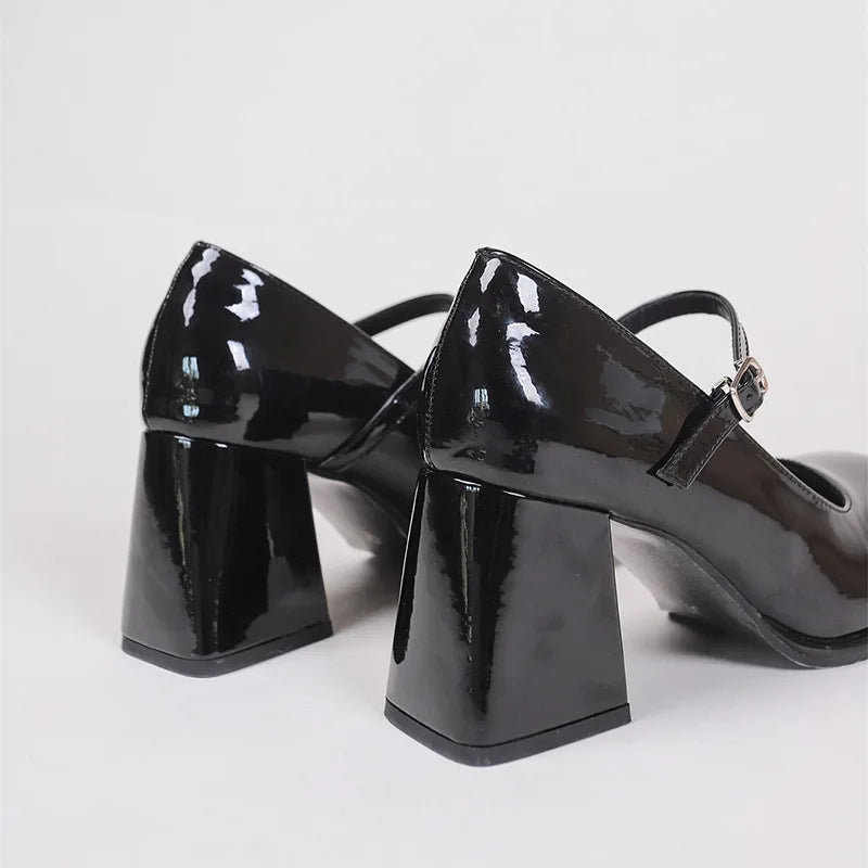 Ladies Summer Black New Small Leather Shoes Mary Janes Vintage Buckle Non-Slip Sandals Woman Medium Heels Casual Elegant Heels