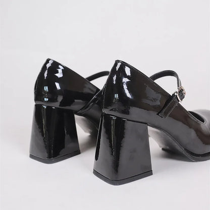 Ladies Summer Black New Small Leather Shoes Mary Janes Vintage Buckle Non-Slip Sandals Woman Medium Heels Casual Elegant Heels