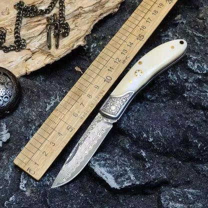 Damascus Steel Pocket Knife Cowbone Handle Outdoor Folding Knife High Hardness Wilderness Camping Survival and Self-Defense TOOL