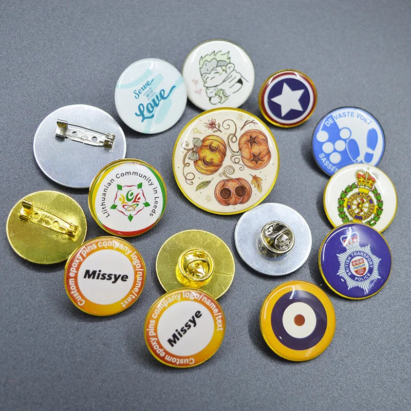 Shirley Custom 100pcs Metal Badges Lapel Pins Epoxy Resin Domed Printed Label Pins Name Alfileres Personalizados Para Cuello
