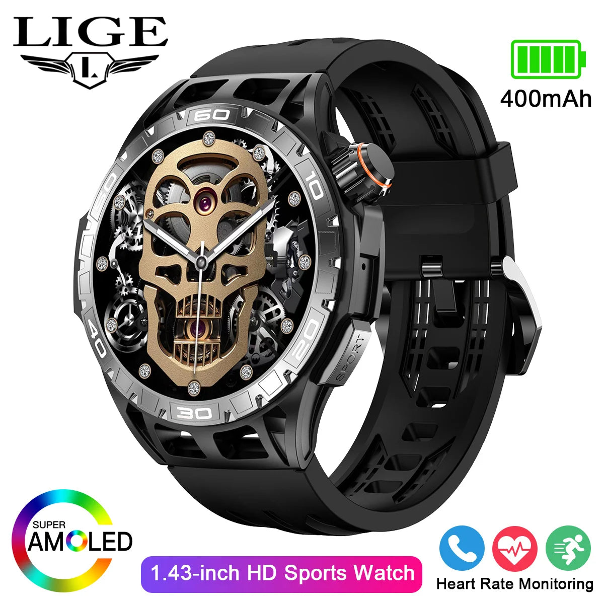 LIGE 2026 Zewnętrzny Smartwatch Męski 2.01" Ekran IP68 Wodoodporne Zegarki Wytrzymały Wojskowy Bluetooth Połączenia Smartwatch dla Androida i iOS