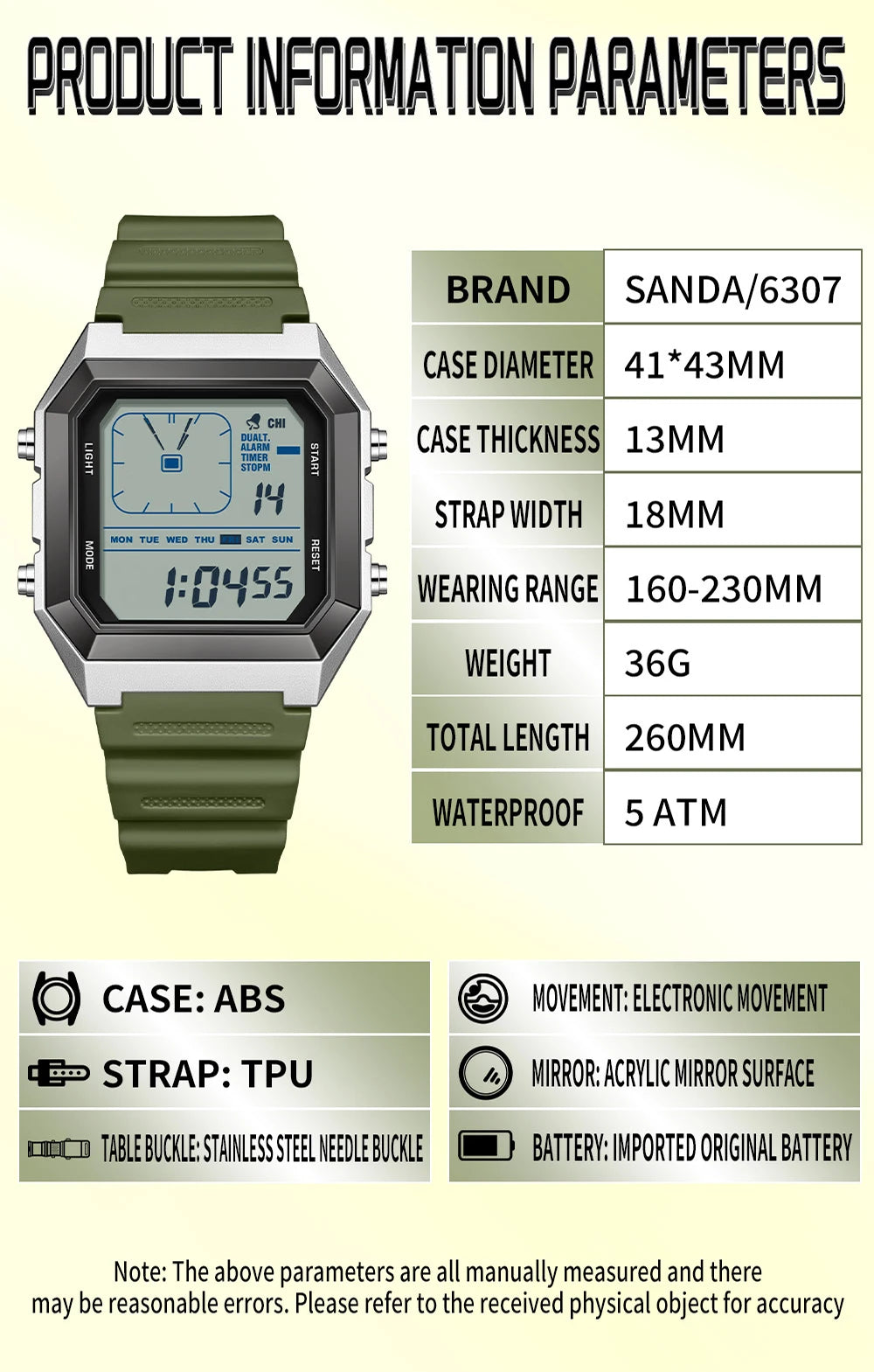 SANDA 6307 Casual Men's LED Electronic Watch Waterproof Sports Alarm Clock Multi functional Student Fashion Electronic Watch