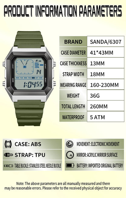 SANDA 6307 Casual Men's LED Electronic Watch Waterproof Sports Alarm Clock Multi functional Student Fashion Electronic Watch