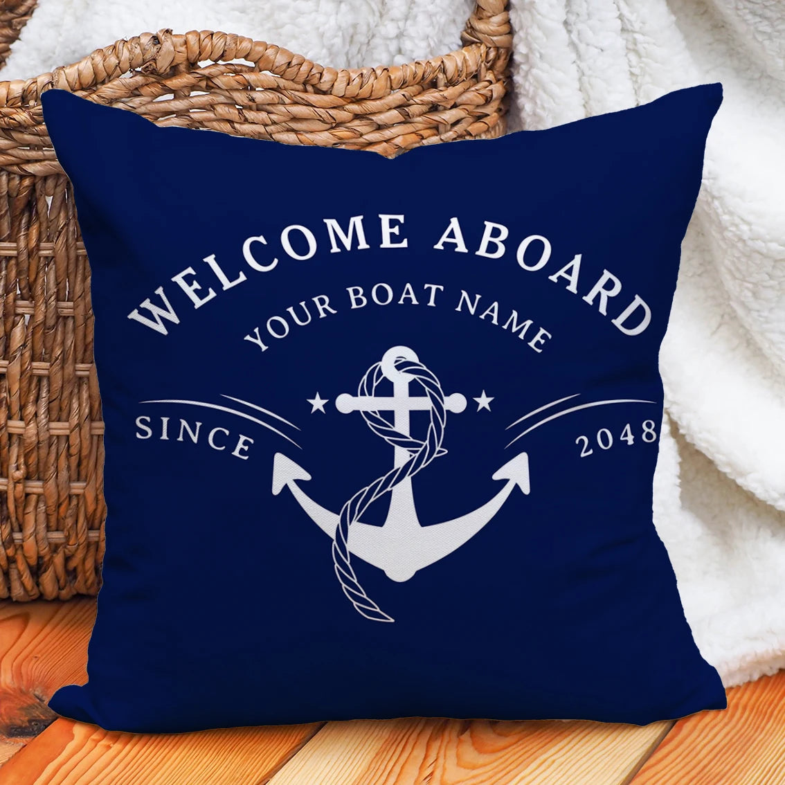 Custom Boat Name Pillow Covers Personalized Nautical Anchor Cushion Cases for Yacht Home Decor Beach House Welcome Aboard
